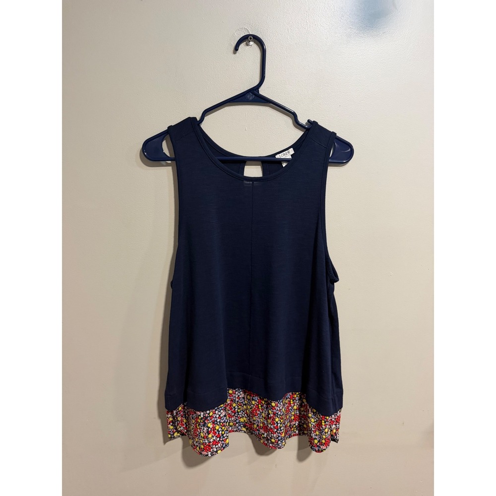 J.Crew Navy Blue Floral Hem Sleeveless Tank Top Keyhole Back Size L 2940